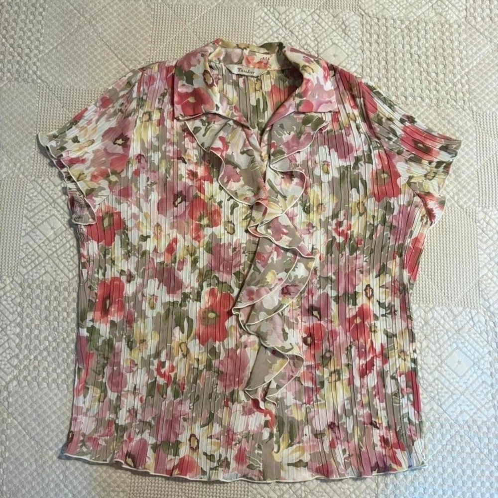 Y2K Tanjay pleated floral ruffle button up blouse, XL
